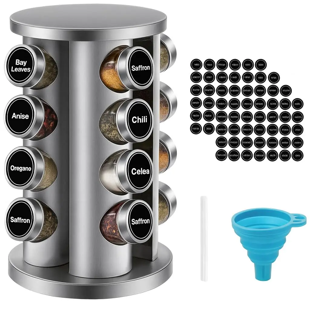 20 Pack Rotating Spice Rack Organizer with Jars Stainless Steel Wood Countertop Seasoning Tower for Kitchen Pantry with Reusable Labels Funnel Brushes
