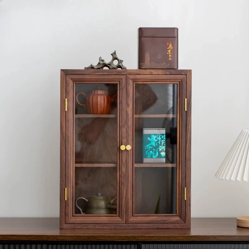 Walnut Wood Glass Display Cabinet Mortise and Tenon Structure Brass Handle for Tea Ware Storage Living Room Curio Cabinet