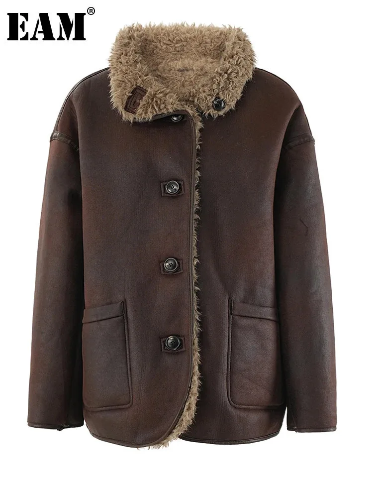 

[EAM] Brown Leather Faux Lambswool Big Size Jacket New Lapel Long Sleeve Women Coat Fashion Tide Autumn Winter 2024 CPG1932