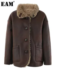 [EAM] Brown Leather Faux Lambswool Big Size Jacket New Lapel Long Sleeve Women Coat Fashion Tide Autumn Winter 2024 CPG1932