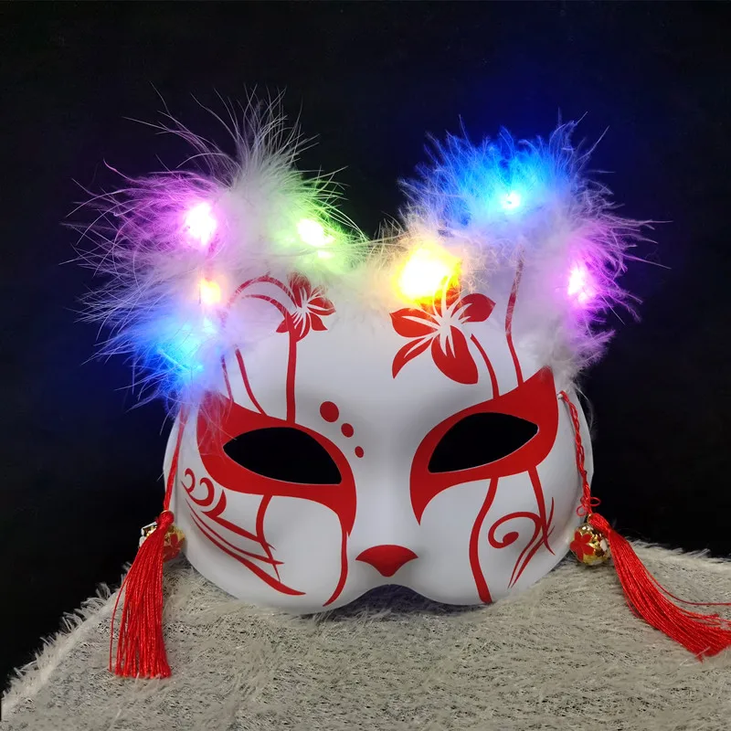 

Japanese Half Face Fox Mask Cosplay Props Luminous LED MaskWith Feather Party PVC Cosplay 19x16cm ACGN Hotarubi No Mori E Masks