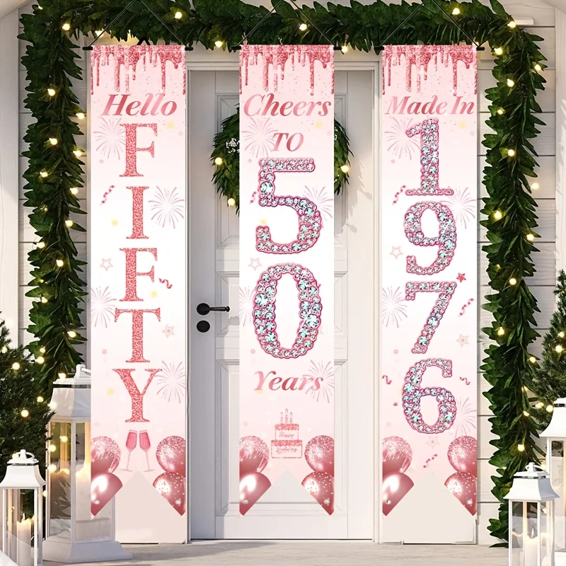 2D Flat 3Pcs Pink Gold 50th Birthday Door Banners, Balloon Fishtail Design, Indoor Outdoor Hanging Party & Festival Decor