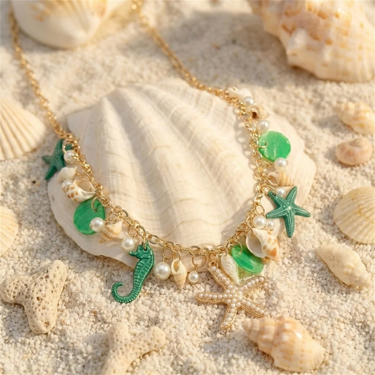Sommerliche, extravagante, farbenfrohe Anhänger-Halskette mit Seestern, Muschel und Seepferdchen aus Kunstharz für Damen und Herren, Ozean- und Strandmotiv, Meerestier-Choker-Schmuck – Detail 19