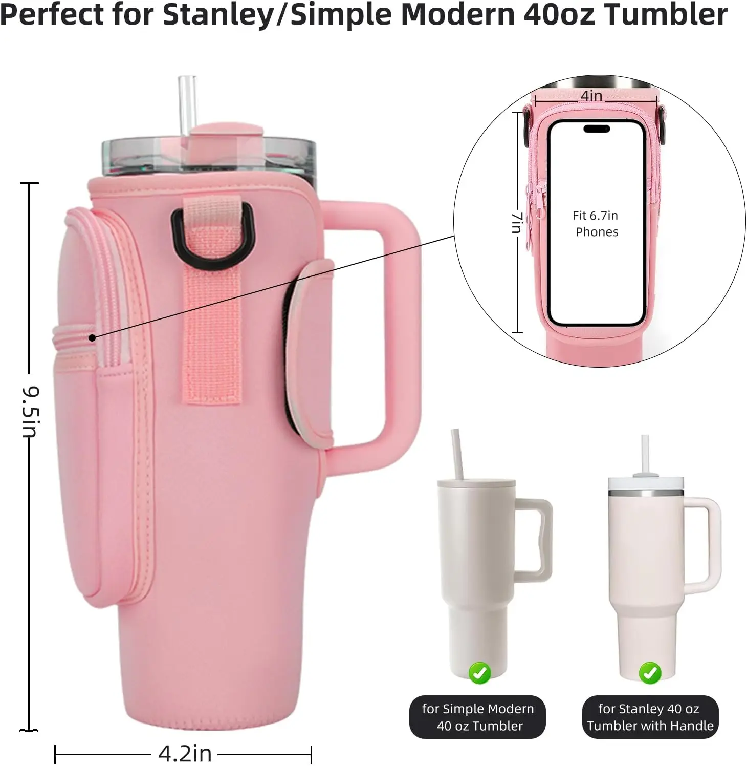 Sac Electrolux pour bouteille d'eau avec couvercle de paille, gobelet avec poignée, accessoires de tasse rose, 40oz, 30oz, 1 + 10 pièces