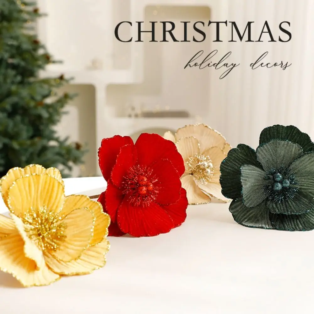 15cm Artificial Glitter Christmas Flower Sequins Large Simulated Christmas Flower Flocking Realistic Christmas Poinsettia Flower