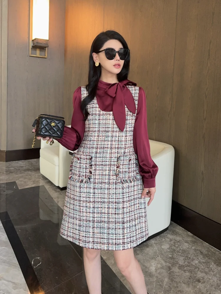 

French Style Bow Knot Two-Piece Dress Women 2024 Autumn and Winter New Light Luxury Noble Lady Plus Size Dress