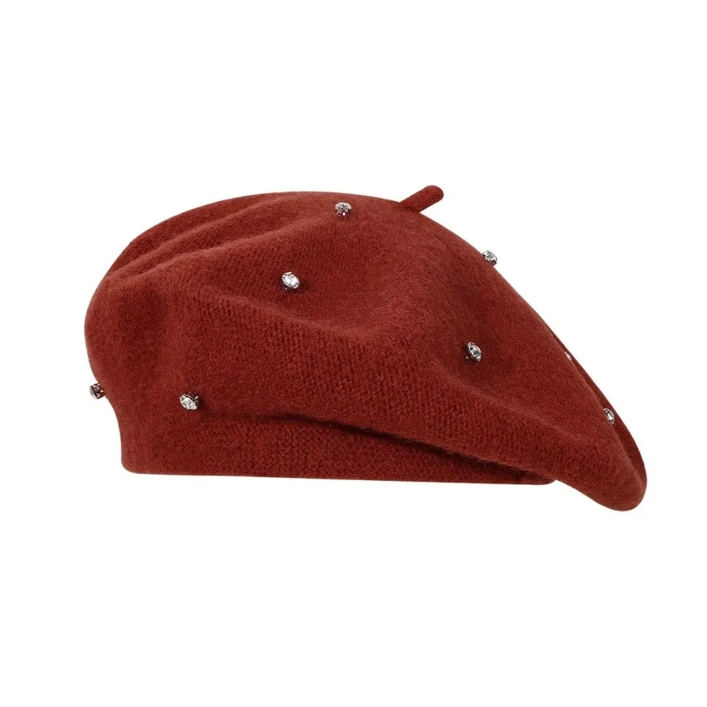 Béret élégant pour femme, chapeau d'artiste classique polyvalent avec strass, bonnet uni pour l'automne et l'hiver