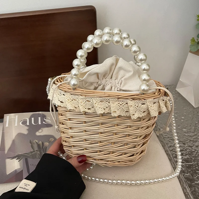 

Летняя маленькая соломенная сумка, женская сумка, модная сумка через плечо с цепочкой из бисера, женский аксессуар, кружевная пляжная сумка в стиле бохо, сумка с жемчужной ручкой