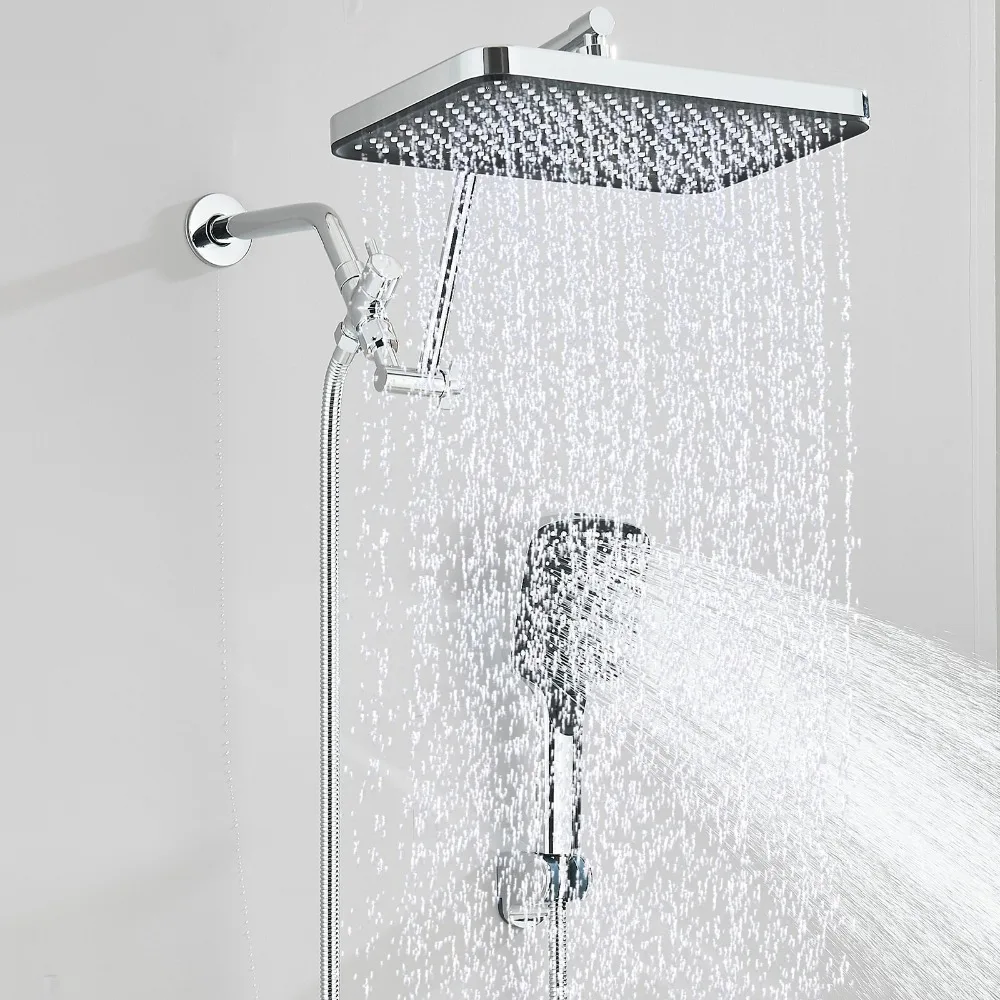 

Chrome Rain Shower Head with Handheld Spray Combo High Pressure Adjustable Arm
