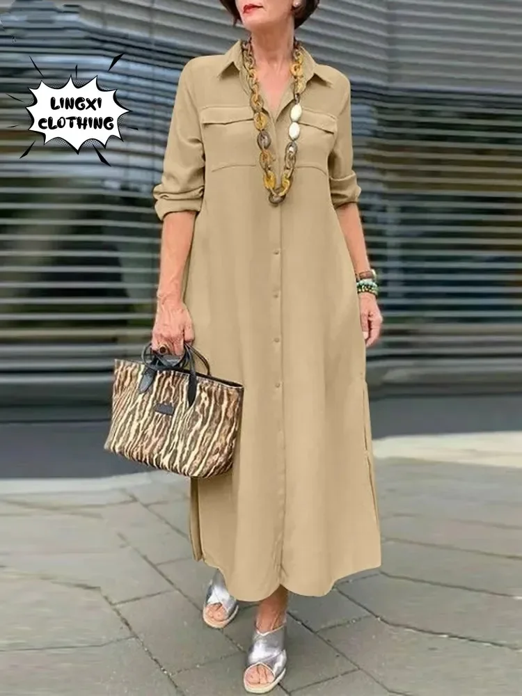 2024 Spring/Summer Fashion Women\'s New Elegant Plus Size Long Sleeved Button Elegant Dress Cotton Linen Single Breasted Robe