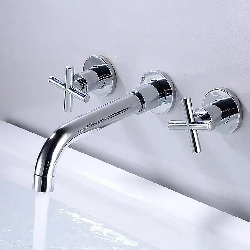 Hot Sale Chrome Plating Cross Handles Wash Basin Mixer Tap Brass Silver Concealed Basin Faucet For Bathroom