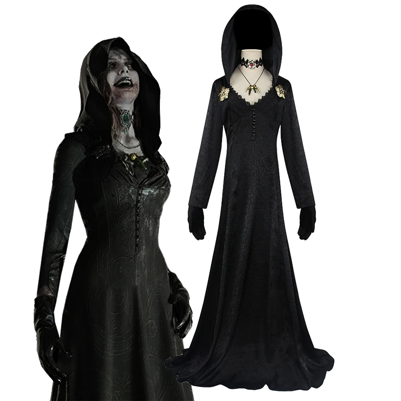 

Game Evil Village Vampire Lady Daniela Dimitrescu Cosplay Costume Gothic Black Dress Outfit Adult Women Halloween Carnival Suit