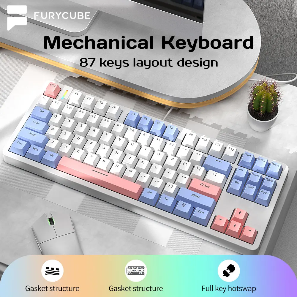 

FURYCUBE 87 Keys Lite Gasket Mechanical Keyboard G87 Hot-swap Rainbow RGB for Gaming Wired Keyboard PBT Keycaps Noah silver