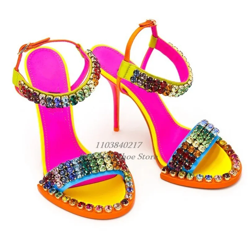 Rhinestone Embellished Color Block Peep Toe Sandals Women Adjustable Buckle High Heel Sandals Summer Wedding Design Evening Shoe