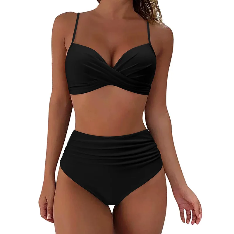 

2026 Women's Thickened Swimsuit Split High Waist Belly Covering Tight Sexy Bikini Cross-Border European and American Sexy