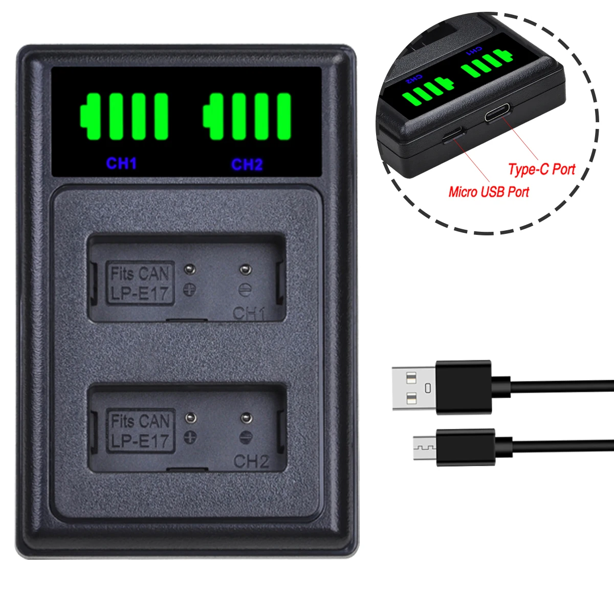 Batmax LP-E17 배터리 및 LED 듀얼 충전기, C타입 포트, 캐논 EOS RP T6i 750D T6s 750D 760D 800D M3 M5 8000D Kissx8i 용, LPE17