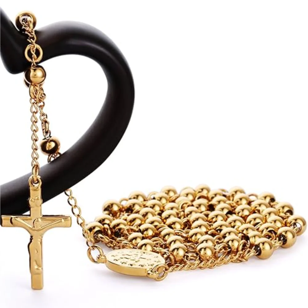 Edelstahl 4 Farbe 6mm kleine Gebets perlen Kette Medalla Milagrosa Einfachheit Kruzifix Kreuz Anhänger Rosenkranz Halskette Chaplet – Detail 2