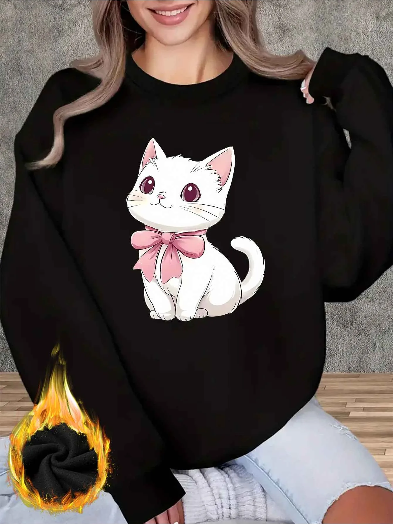 

1Pc Women's Kitten with Bow & Kitten Print Sweatshirt - Soft Stretchy Pullover Sweater, Polyester, Cute & Bow Tie Design, All