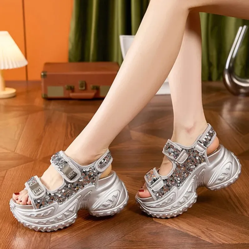 Women Thick Bottom 8CM Sandals Fashion Bling Bling Ins Hot Sports Sneakers Summer New Peep Toe Leisure Ladies Shoes