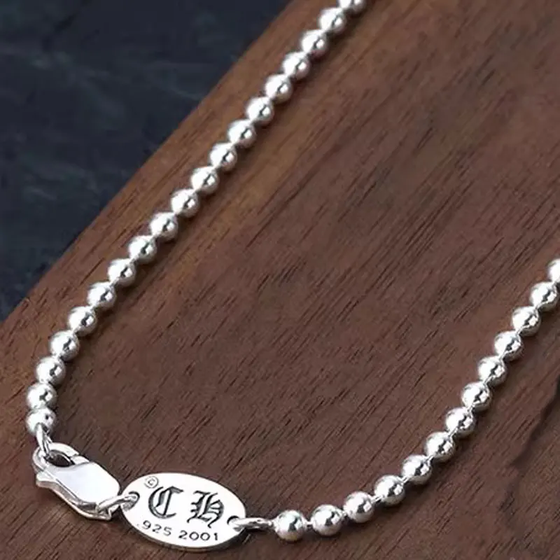 S925 Sterling Silver Round Bead Chain Necklace for Women Simple and Fashionable Popular Matching Chain Versatile Sweater Chain B