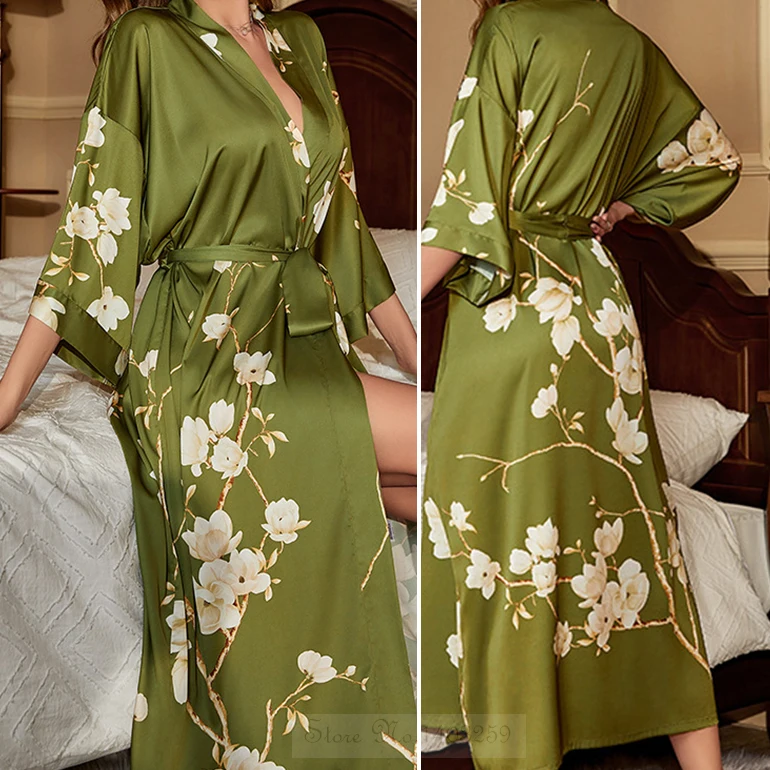 Print Flower Female Long Robe Sleepwear Japanese Kimono Bathrobe Gown Spring Summer Satin Nightgown Loose Casual Home Dress Wear