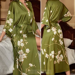 Green Print Flower Long Robe for Women Spring Summer Kimono Bathrobe Gown Sleepwear Casial Silk Satin Home Dress Lounge Wear