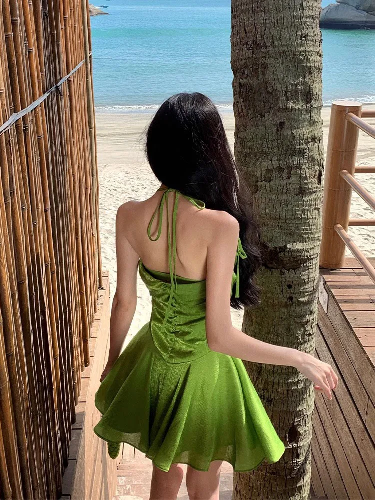 Women Green Spaghetti Strap Dress Sleeveless Fashion Beach Vacation Sundress Backless Halter Dress Temperament Y2K Streetwear