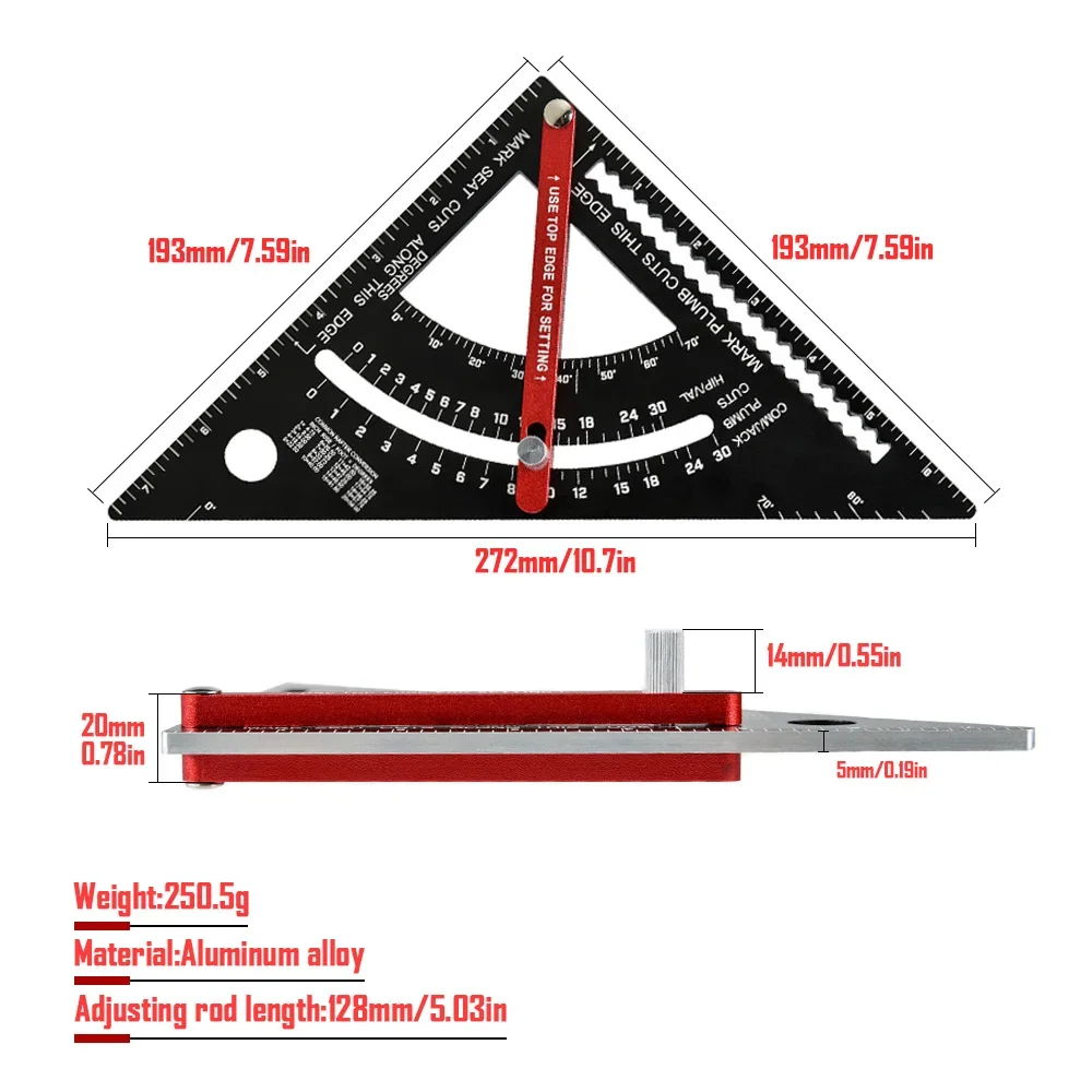 Woodworking Alloy Triangle Ruler with Angle Inch Protractor Multi-Angle Positioning Marker Carpenter Line Ruler Measuring Gauge