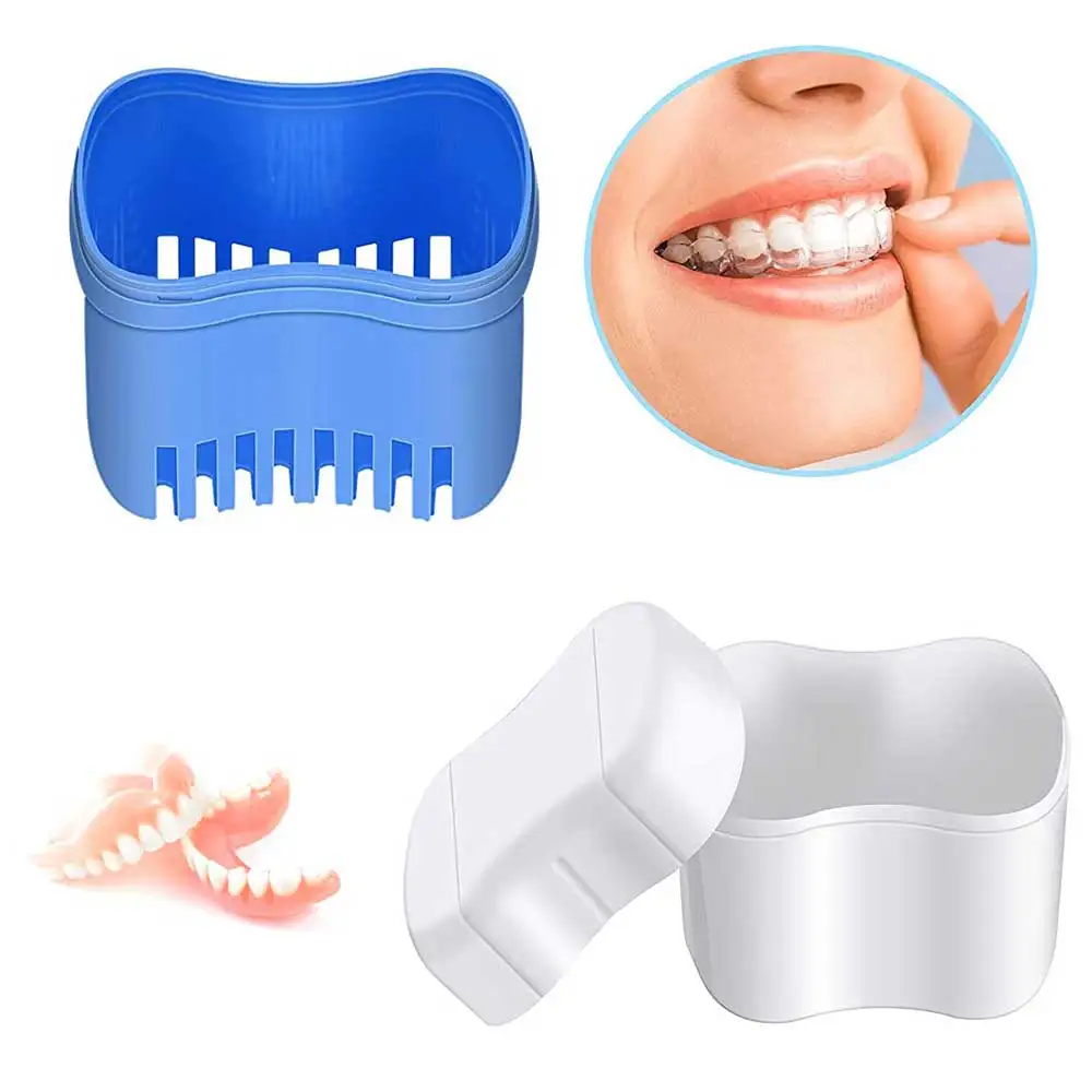 2pcs Denture Bath Case with Strainer Basket Orthodontic Dental Retainer Storage False Teeth Soak Container Cleaning Soaking Cup