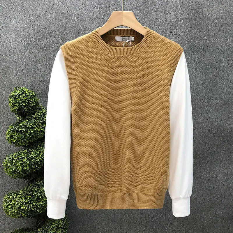 

2024 Autumn Winter Men's New Spliced Pullover O-Neck Fashion Solid Loose Minimalist Casual Short Sleeved Knitted Vest Top Suit