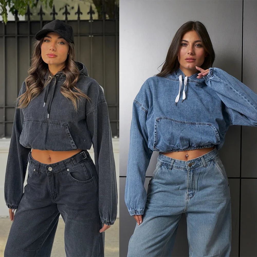 

2026 Spring Fashion Summer Women Jacket Loose Casual Washed Denim Hooded Long-sleeve Top