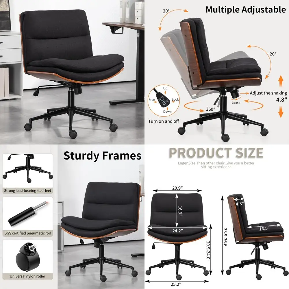 Modern Walnut Ergonomic Office Desk Chair with Adjustable Swivel and Wheels, Cross-Legged Fabric Seat for Comfort