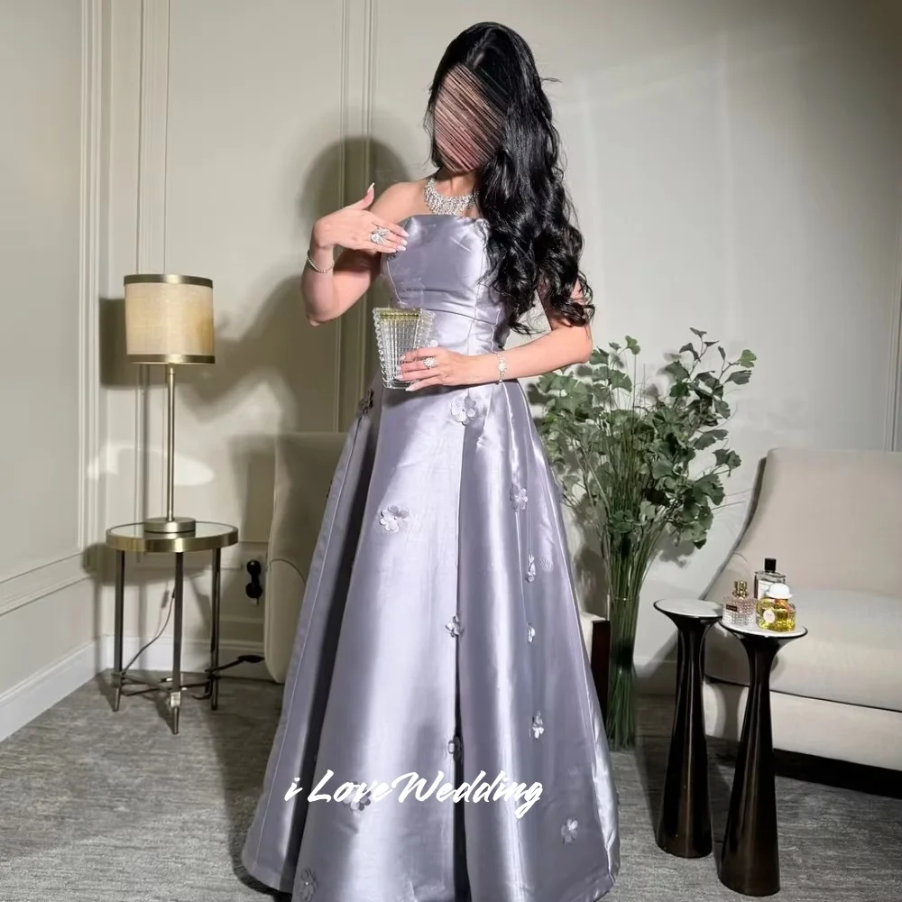 

Gray Strapless Prom Dress 2025 Sleeveless A-Line Pleated 3D Flower Backless Lace-Up Floor-Length Wedding Party Dresses Customize