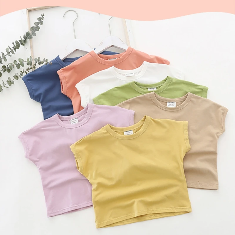 

Summer Children Girls Short Sleeve T-shirt Solid Color Pure Cotton Top Casual Tank Top Cotton Thin Comfortable Pullover Top 1-7T