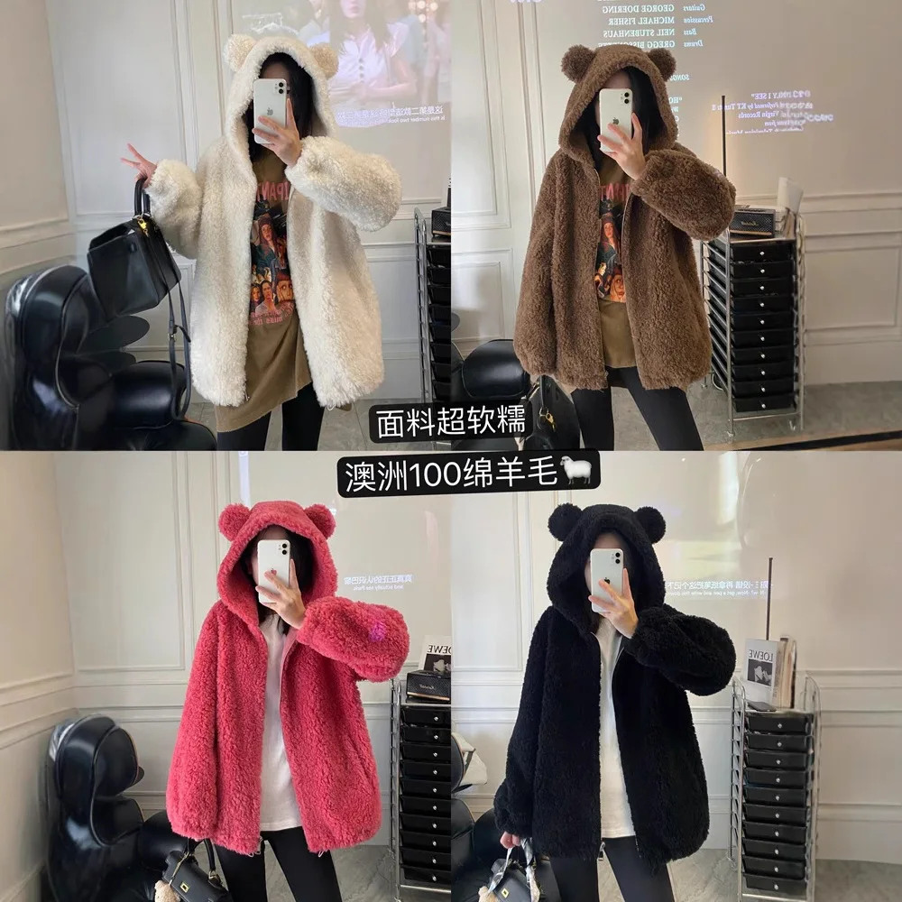 Teddy Bear Real Wool New Bear Sweater Hooded Full Wool Sheep Shearing Jacket Women's Short Lamb Fur