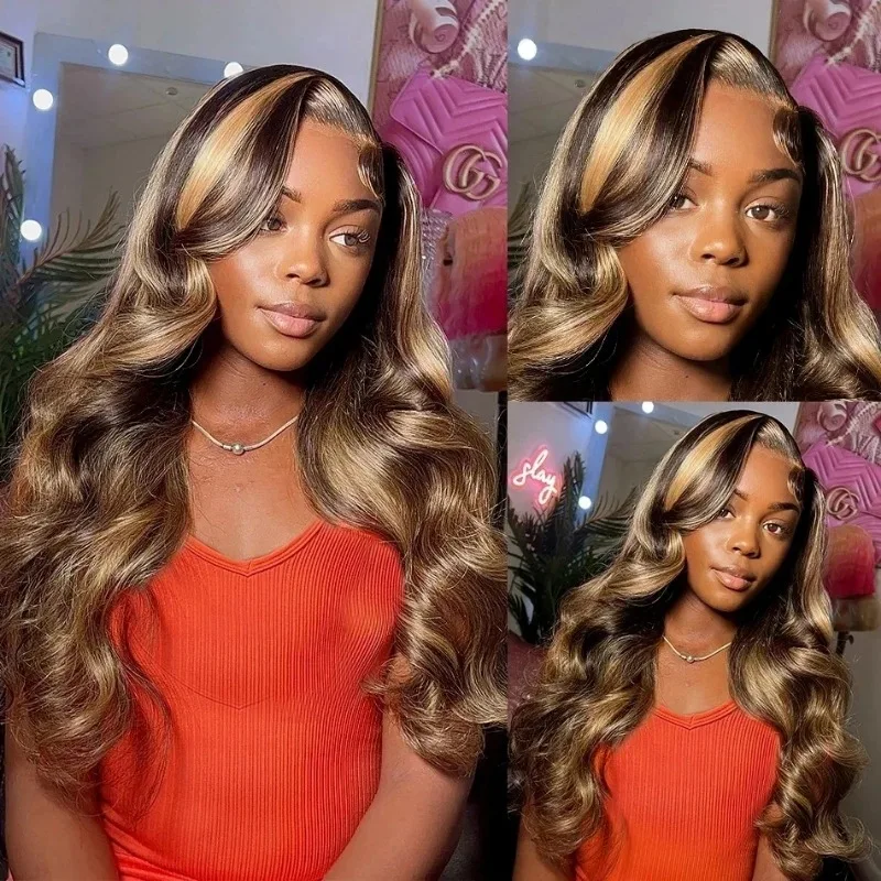 

13x4 Lace Front Hai Wigs Human Hair Highlight P4/ 27 Honey Blonde Body WaveTransparent 200% Density Lace Front Body Wave Wigs