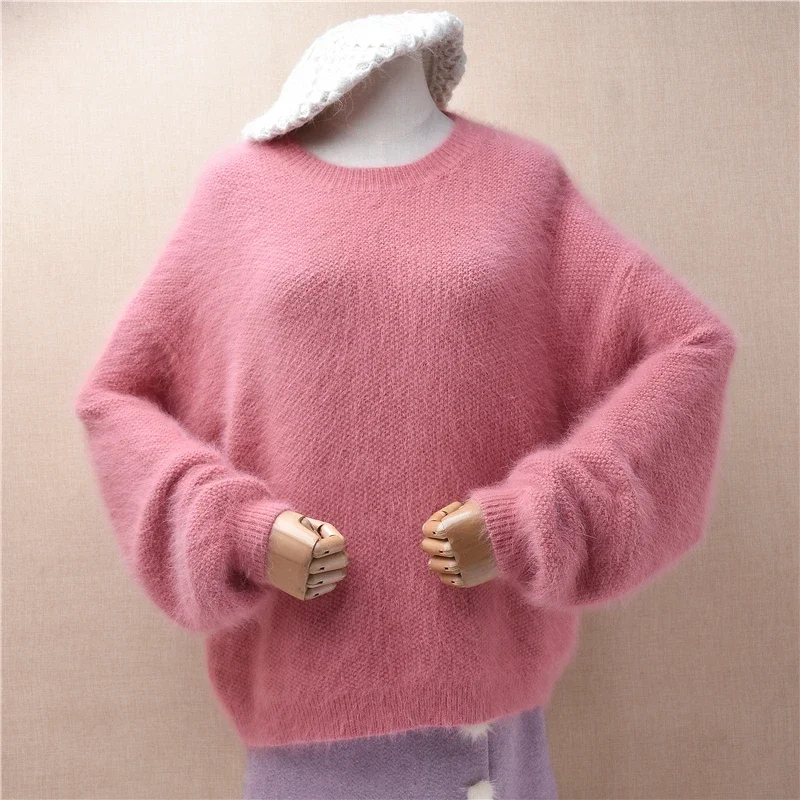 Women Mujer Autumn Winter Clothing Hairy Pink Angora Rabbit Hair Knitted O-Neck Long Batwing Sleeves Loose Pullover Sweater Pull