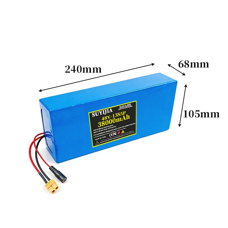 48V 38000mAh 18650 lithium 13S5P battery pack with built-in smart BMS suitable for 500-1000W motor + charger