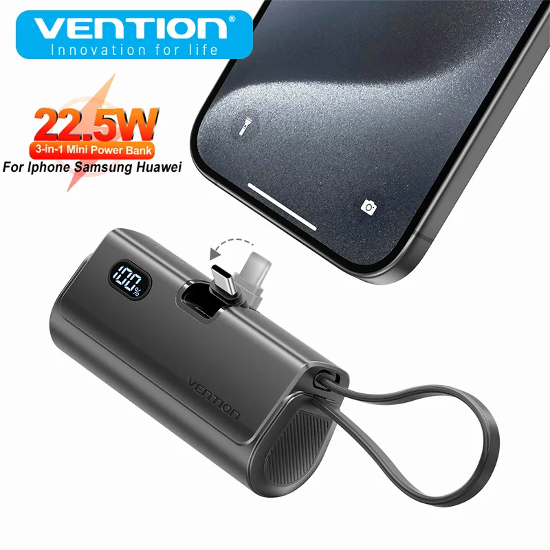 Vention Power Bank 3 in 1 Mini External Auxiliary Battery Portable Powerbank 4800mAh 22.5W Type C PD