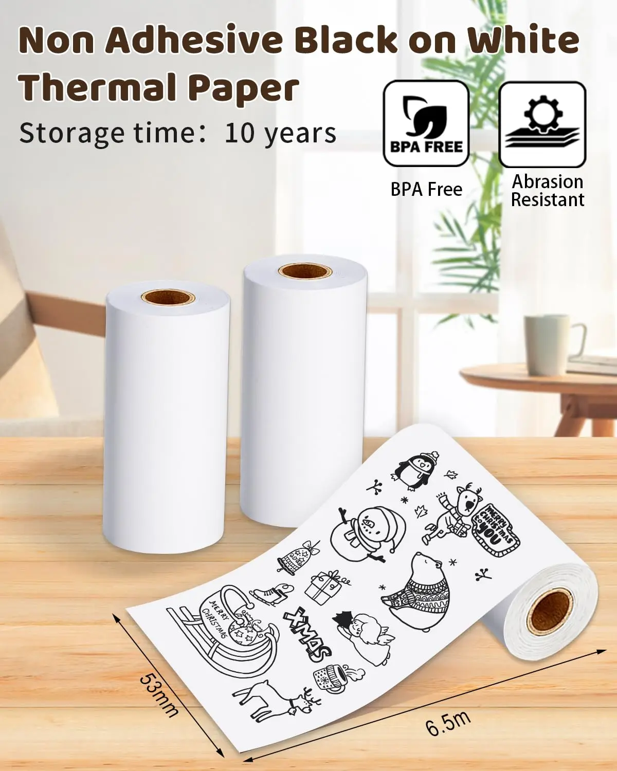 T02 Mini Sticker Printer Thermal Paper, M02X White Non-Sticky Paper Black On White Paper 53mm x 3.5m, 3 Rolls, Keep for 10 Years