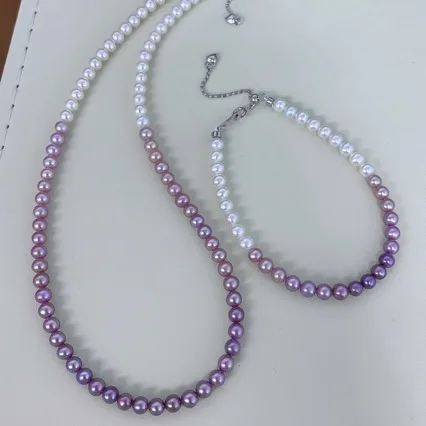 4-5mm Gradient White & Purple Freshwater Pearl Jewelry Set S925 Silver Adjustable Clasp Necklace Bracelet for Women Daily Wear
