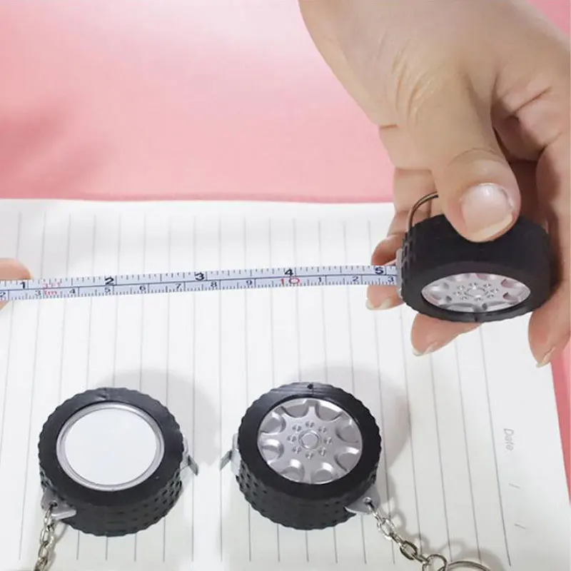 3D Mini Rubber Tire Retractable Tape Measure Sublimation Blank Heat Transfer Portable Keychain Tool Keyring for Customization