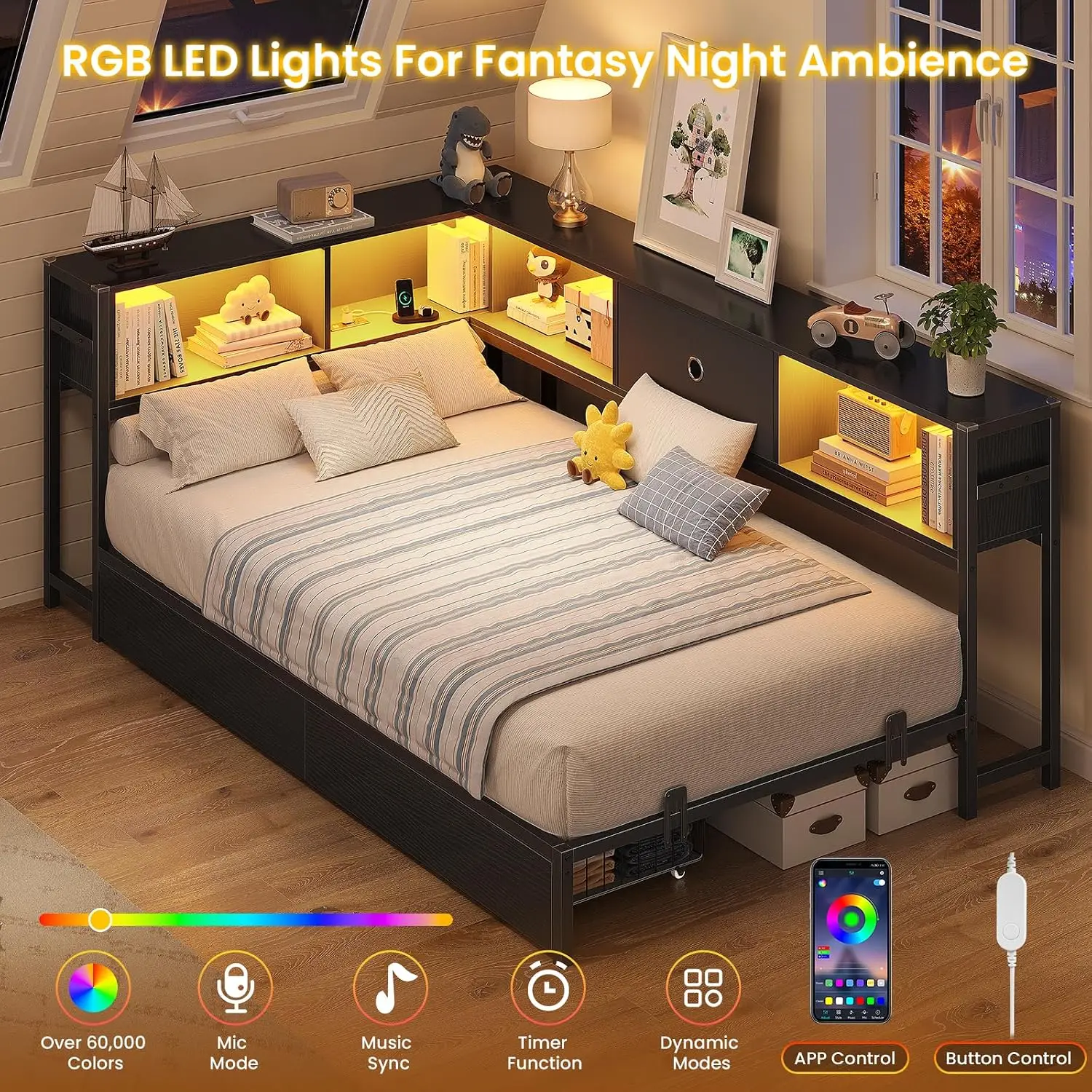 Twin Corner Metal Bed Frame Storage Drawers Bookcase Headboard Charging Station LED Lights Daybed Kids Teens Black, Customized