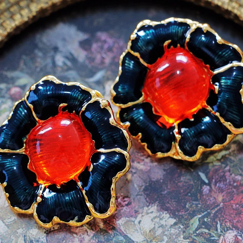 

Ancient Vintage Antique Exaggerated Enamel Colored Glaze Flower Stud Earrings