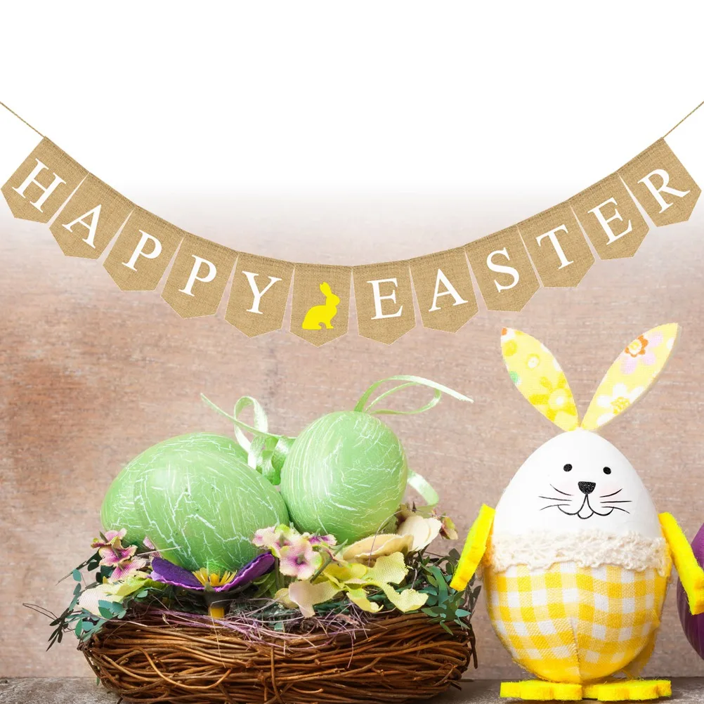

Decorations Easter Banner Bunny Patterned Jute Non Woven Fabric Party Easter Pull Flag Supplies Indoor Outdoor