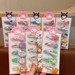 5Pcs Sanrio Kuromi Girls Hairpins Kawaii Cinnamoroll Baby Hairclip Melody Princess Flowing Sand Hair Barrette Sanrio Accessories