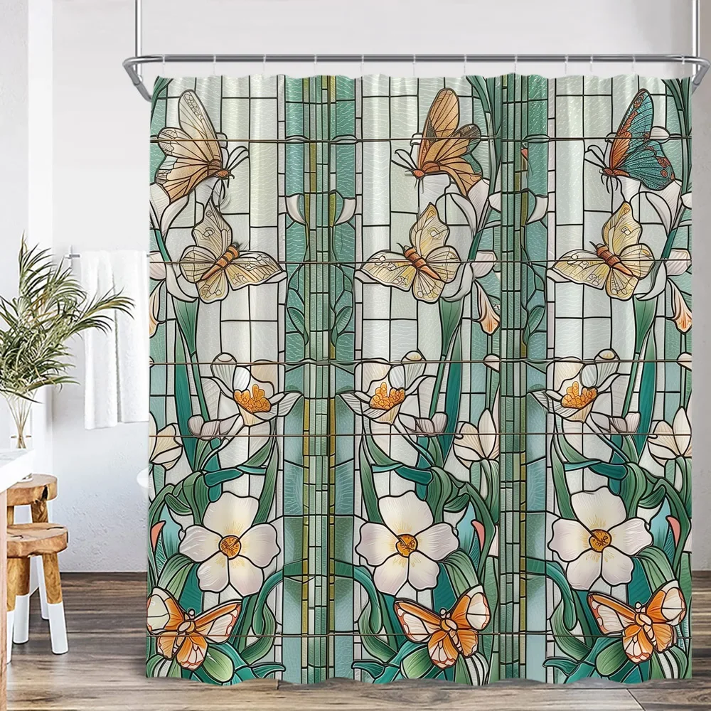 Stained Glass Garden Shower Curtain Butterfly Flowers Church Colored Painting Glass Wall Art Bath Curtain Aesthetic Bath Curtain