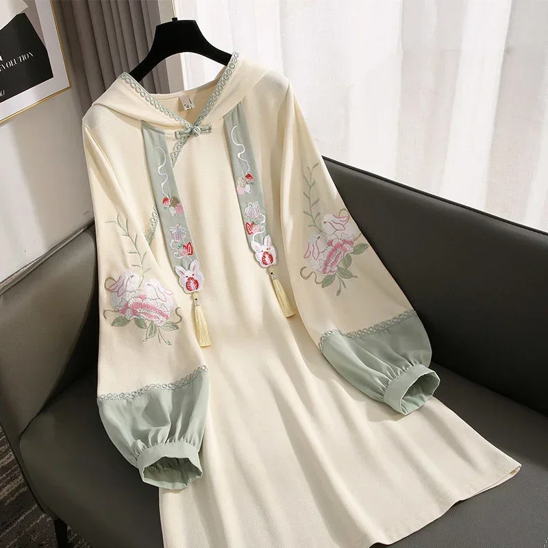 Vestido hanfu de costura bordado estilo chinês feminino, moletom de manga comprida, capuz, elemento han, cheongsam melhorado, outono