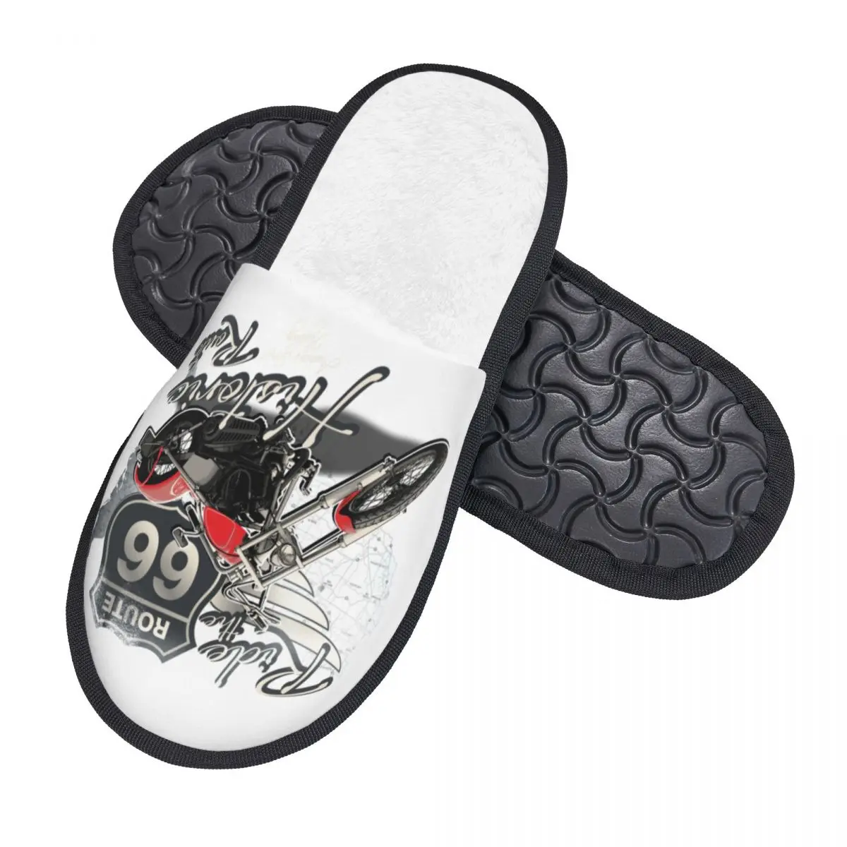 US 66 Biker Comfy Scuff With Memory Foam Slippers Women Route 66 America Highway Motorcycle Hotel House Shoes