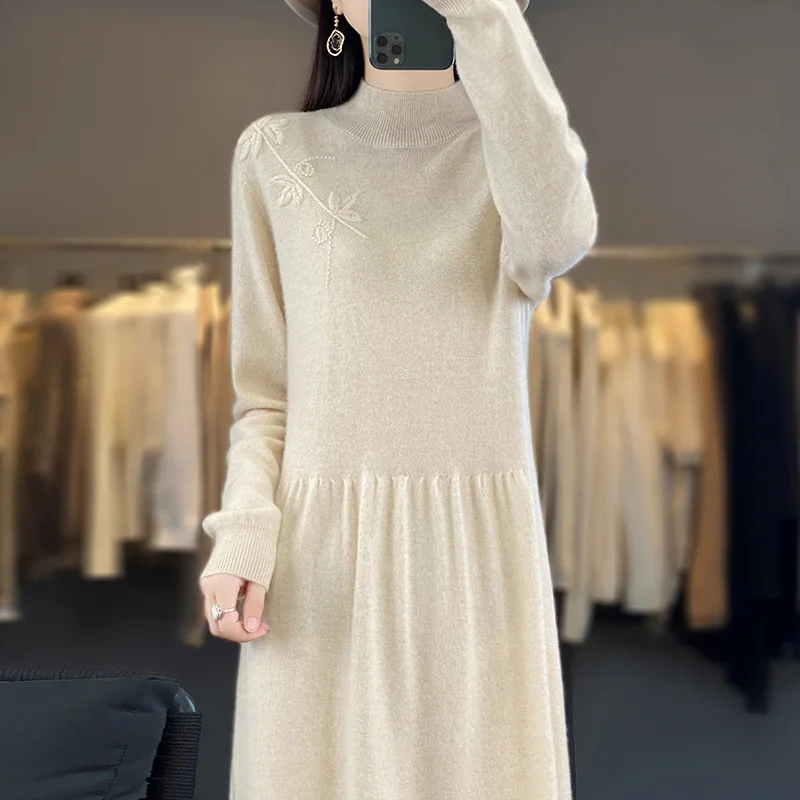 

Women's Semi-High Neck Cashmere Dress, Female Long Dress, Heavy Industry Embroidery Flowers, New Chinese Wool Base, Fall, Winter